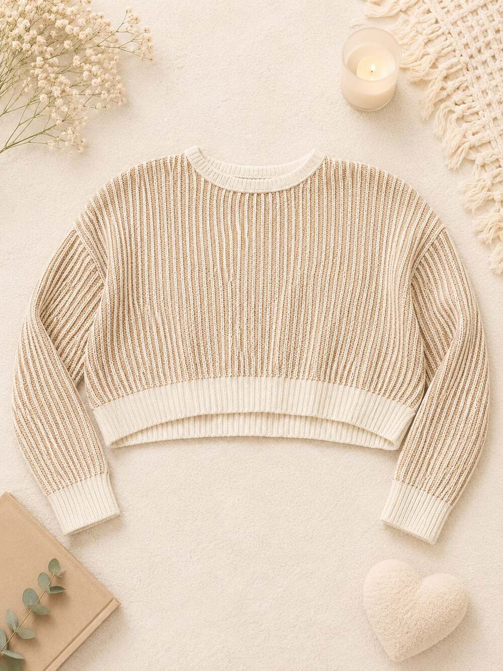 Blu Pepper Textured Ribbed Knit Crop Sweater Tan Cream S (p1)